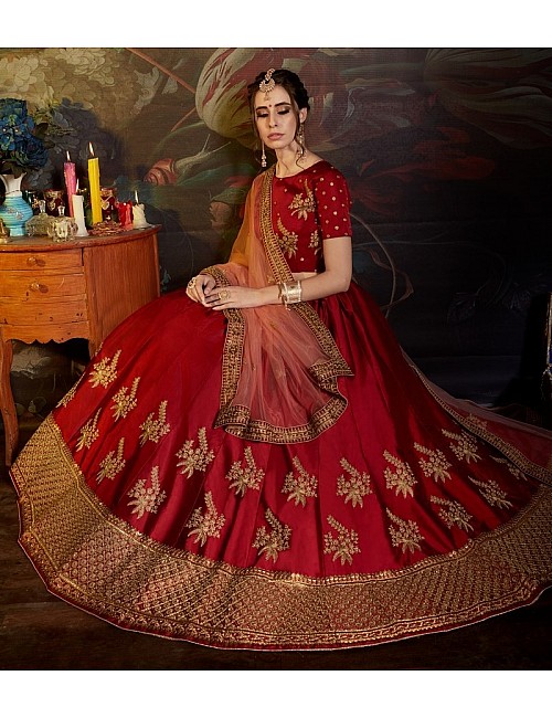 red satin heavy embroidered wedding lehenga choli