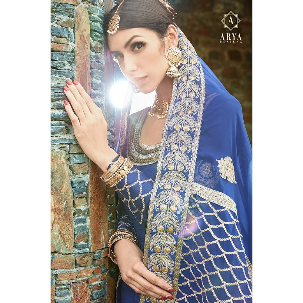blue art silk embroidered wedding gown with dupatta