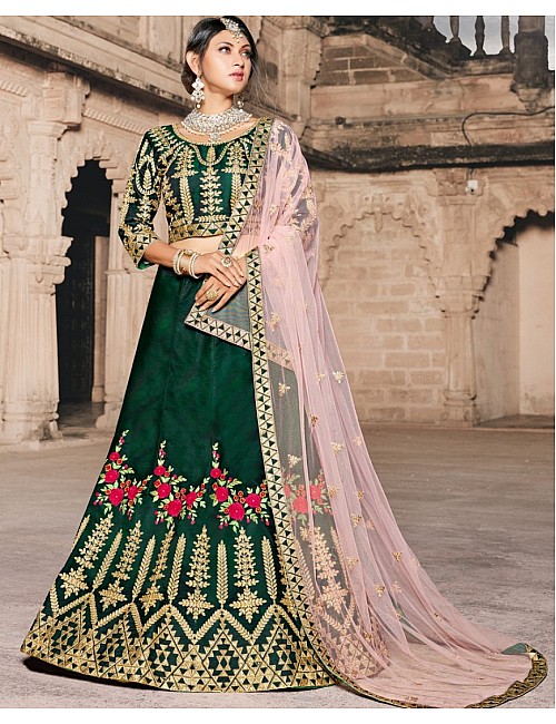 Dark green pure tapeta silk heavy embroidered wedding lehenga