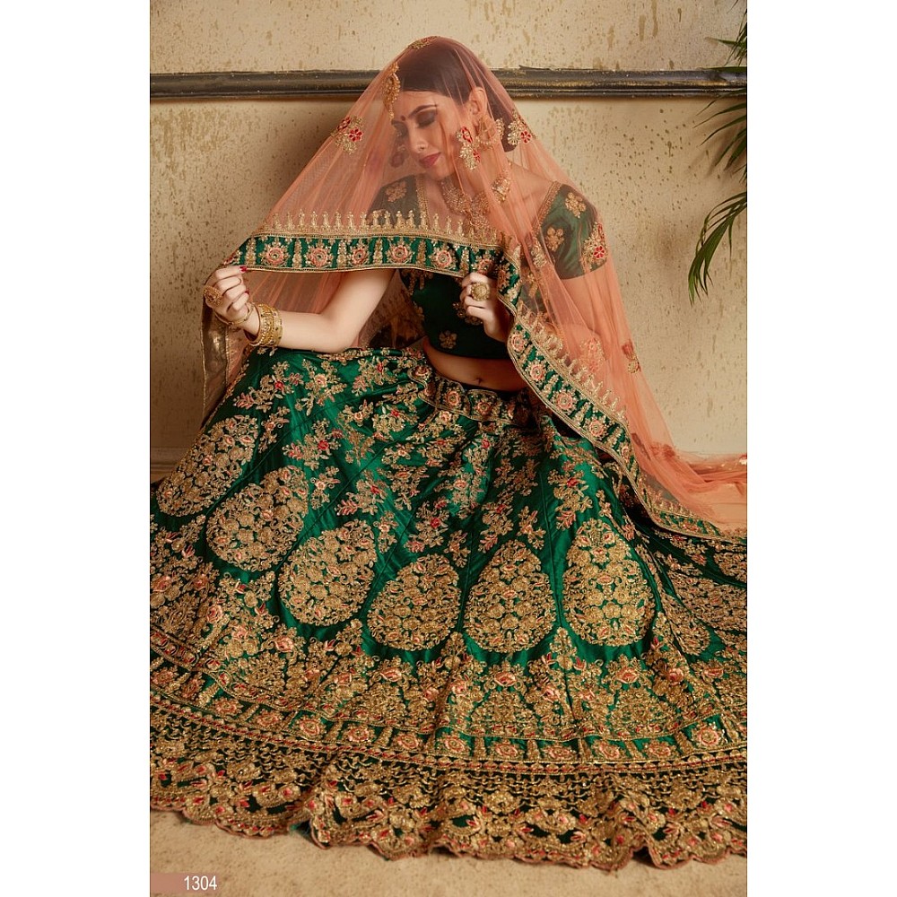 dark green satin heavy embroidered designer bridal lehenga