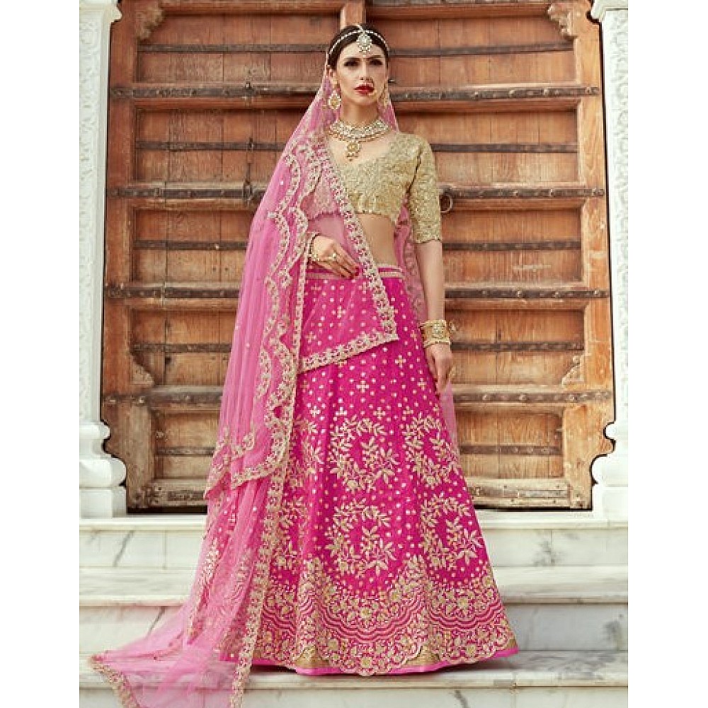 pink art silk heavy embroidered bridal lehenga