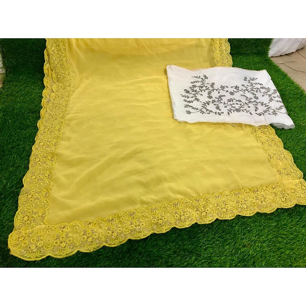 Yellow georgette fancy multi threadwork designer saree