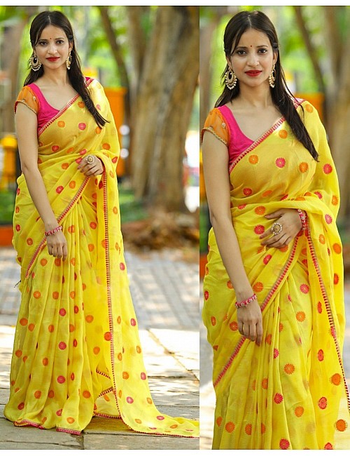 yellow georgette silk  beautiful embroidery festival wear saree