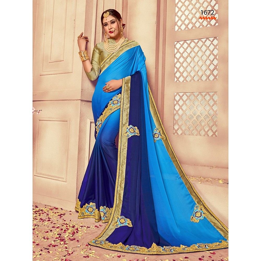blue multi shaded rangoli silk embroidered wedding saree