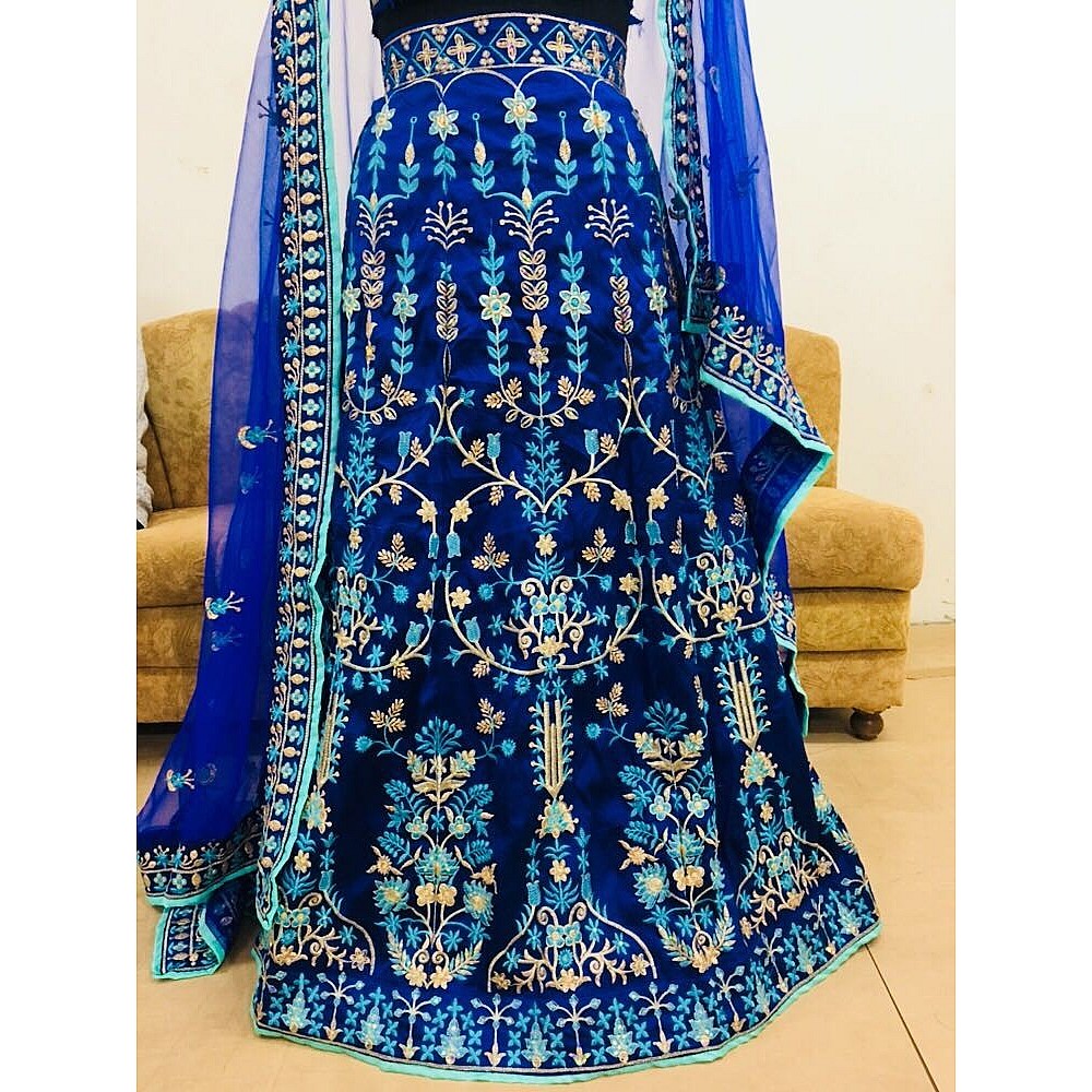 Blue tapeta silk heavy embroidered wedding lehenga