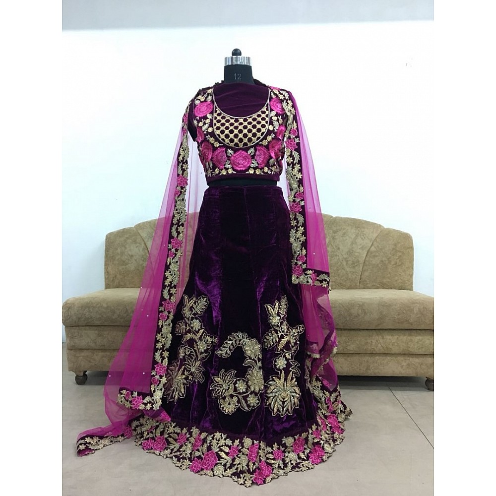 dark purple velvet heavy embroidered designer wedding lehenga