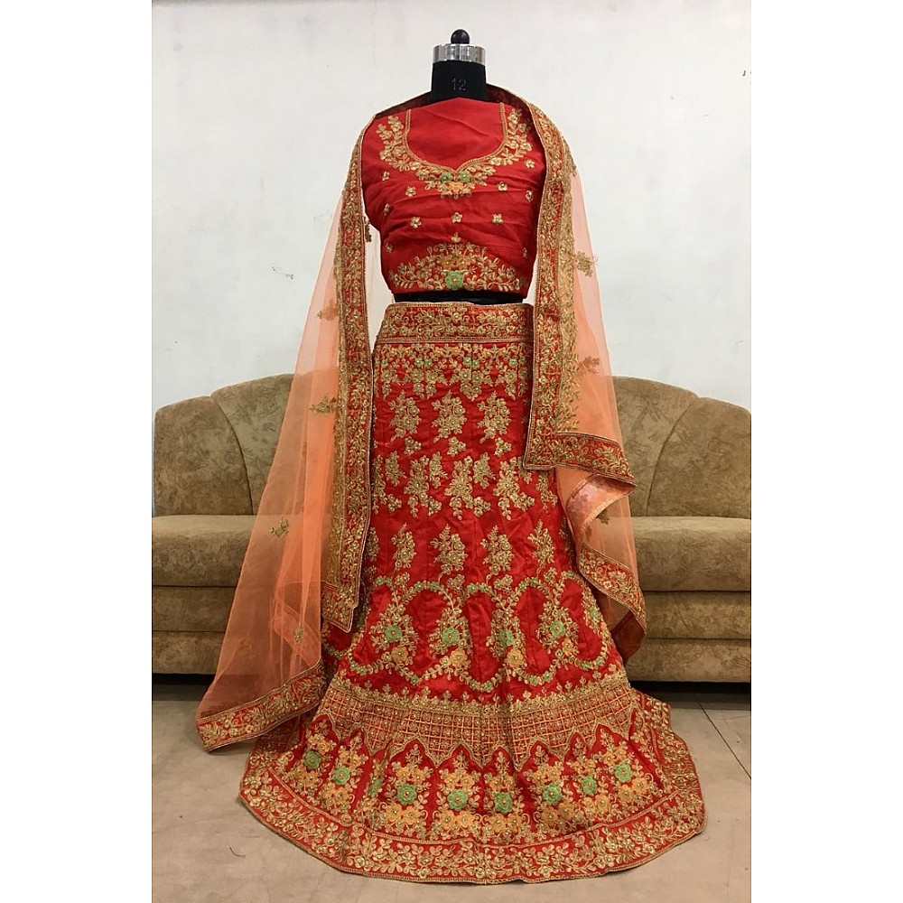 Dark red banglori silk heavy embroidered bridal lehenga