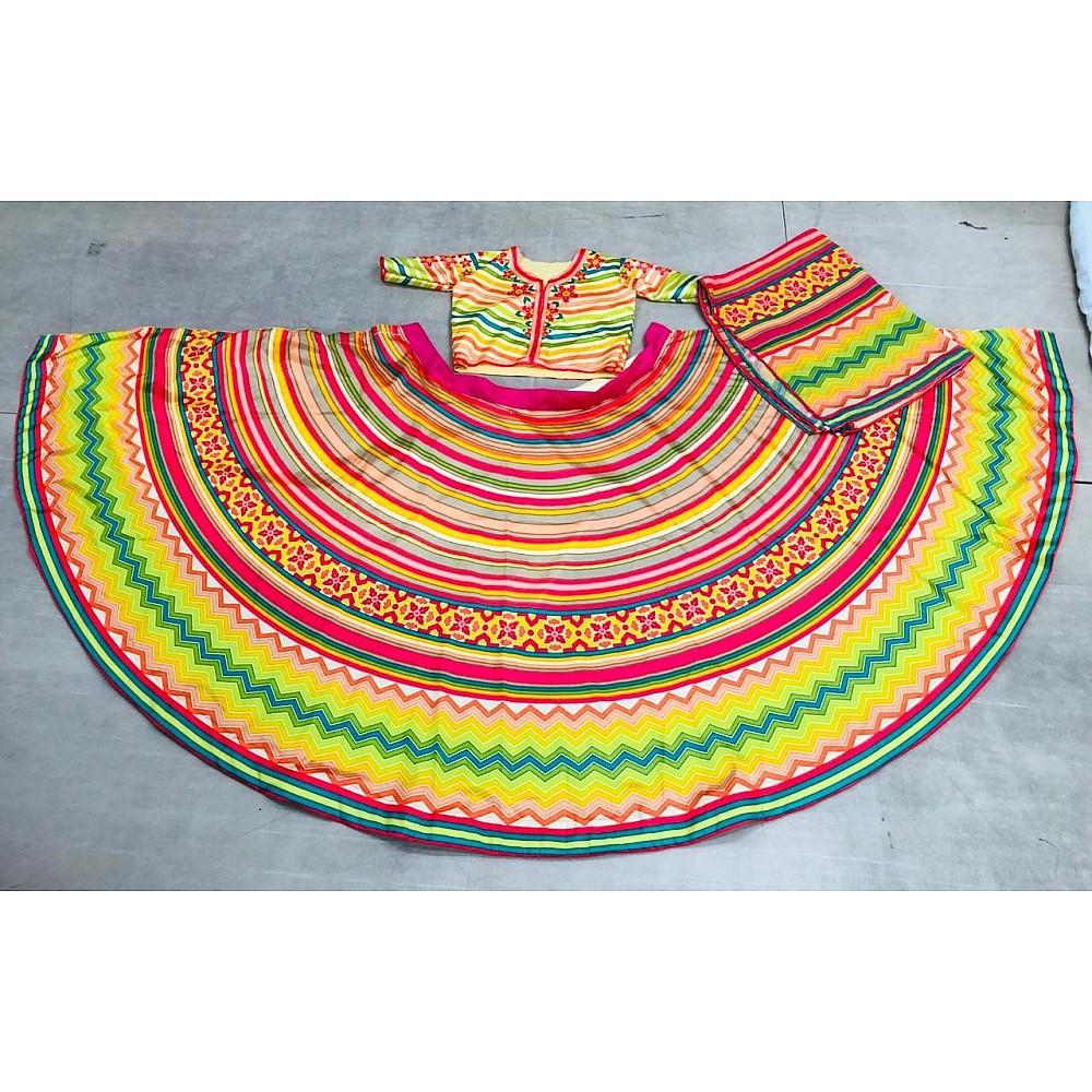 Multicolored digital printed tapeta silk ceremonial lehenga