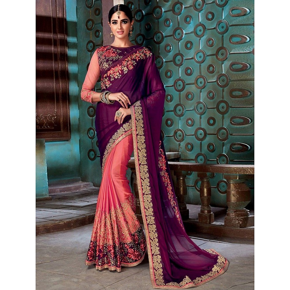 purple and orange sana silk embroidered wedding saree