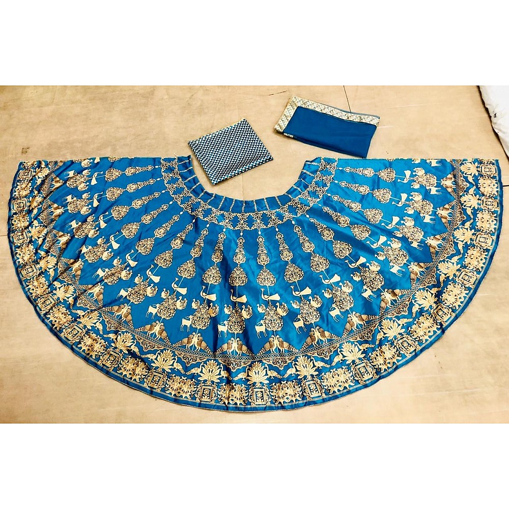 rama blue zari printed beautiful ceremonial lehenga