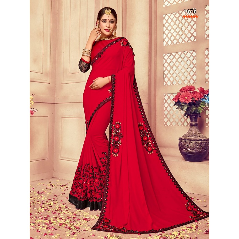 red georgette and rassal net embroidered wedding saree