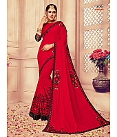 red georgette and rassal net embroidered wedding saree
