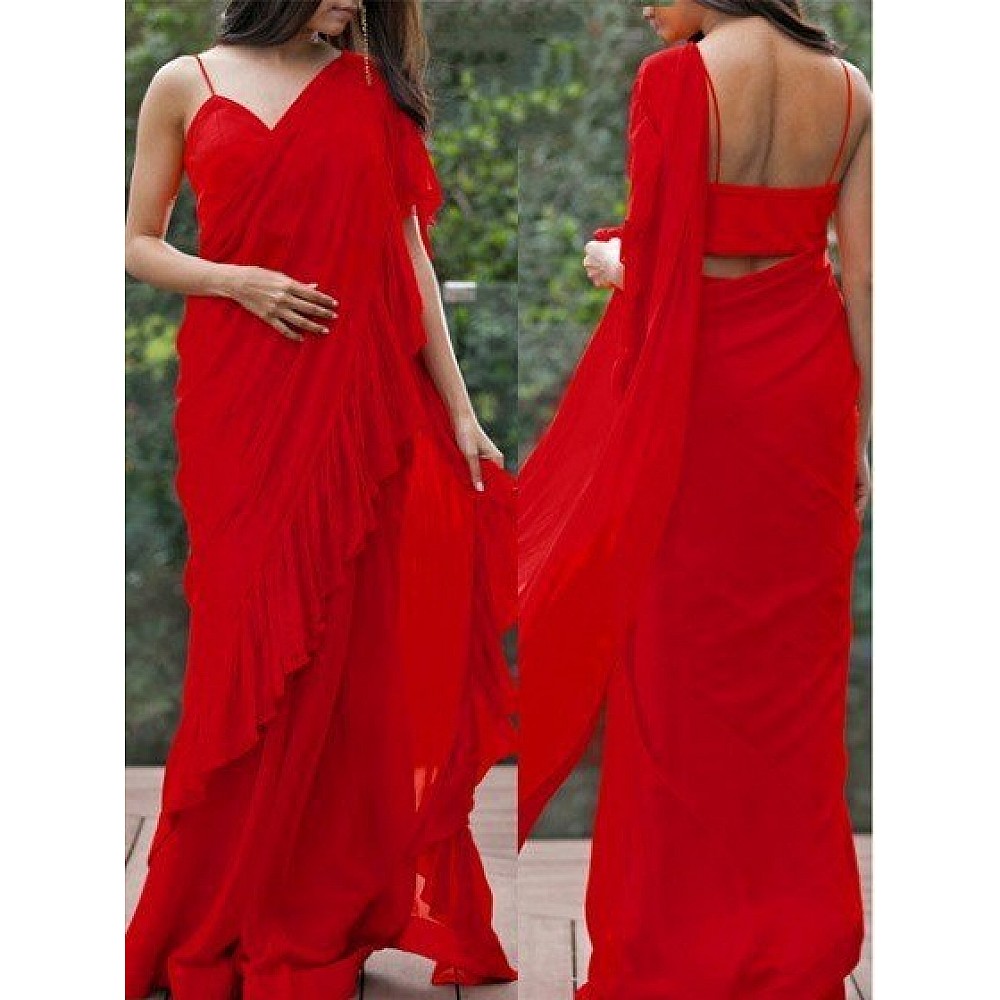 red georgette ruffle border plain partywear saree