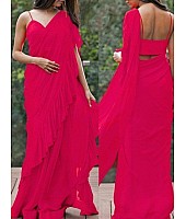 red georgette ruffle border plain partywear saree