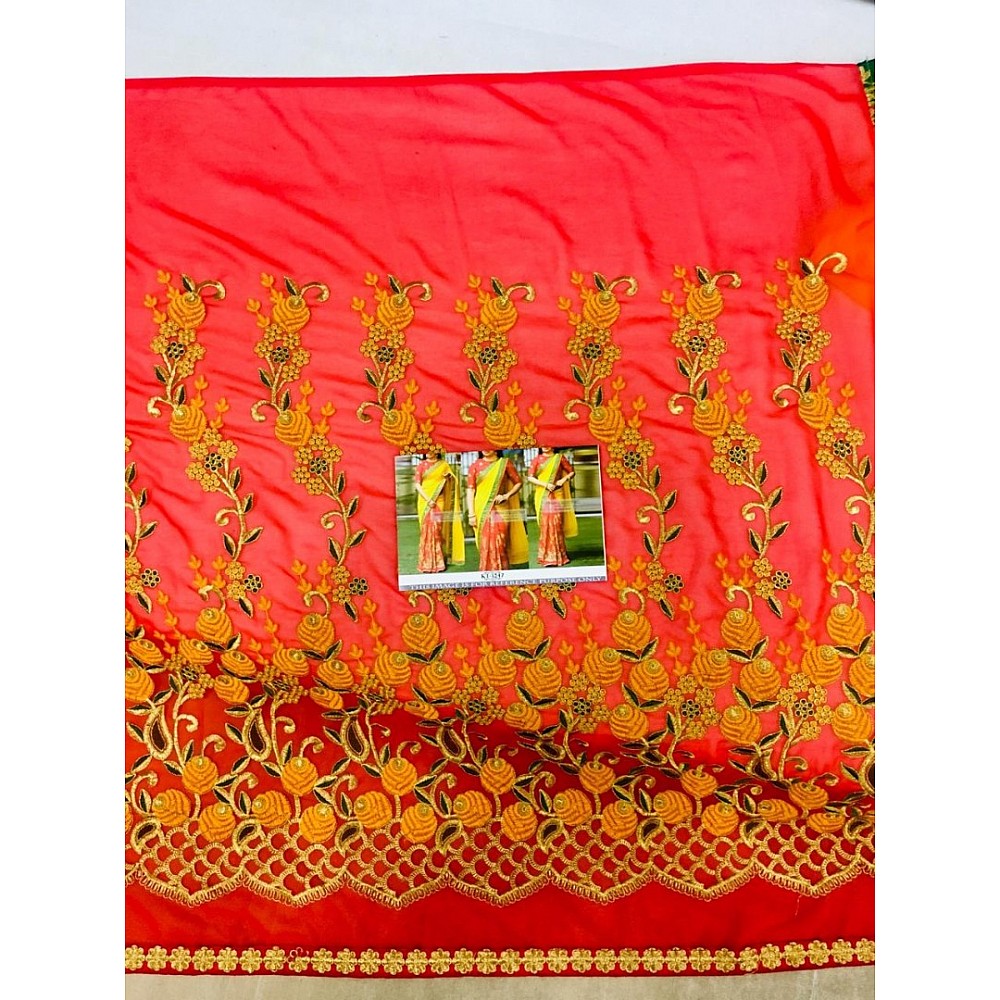yellow and red georgette silk embroidered half half saree