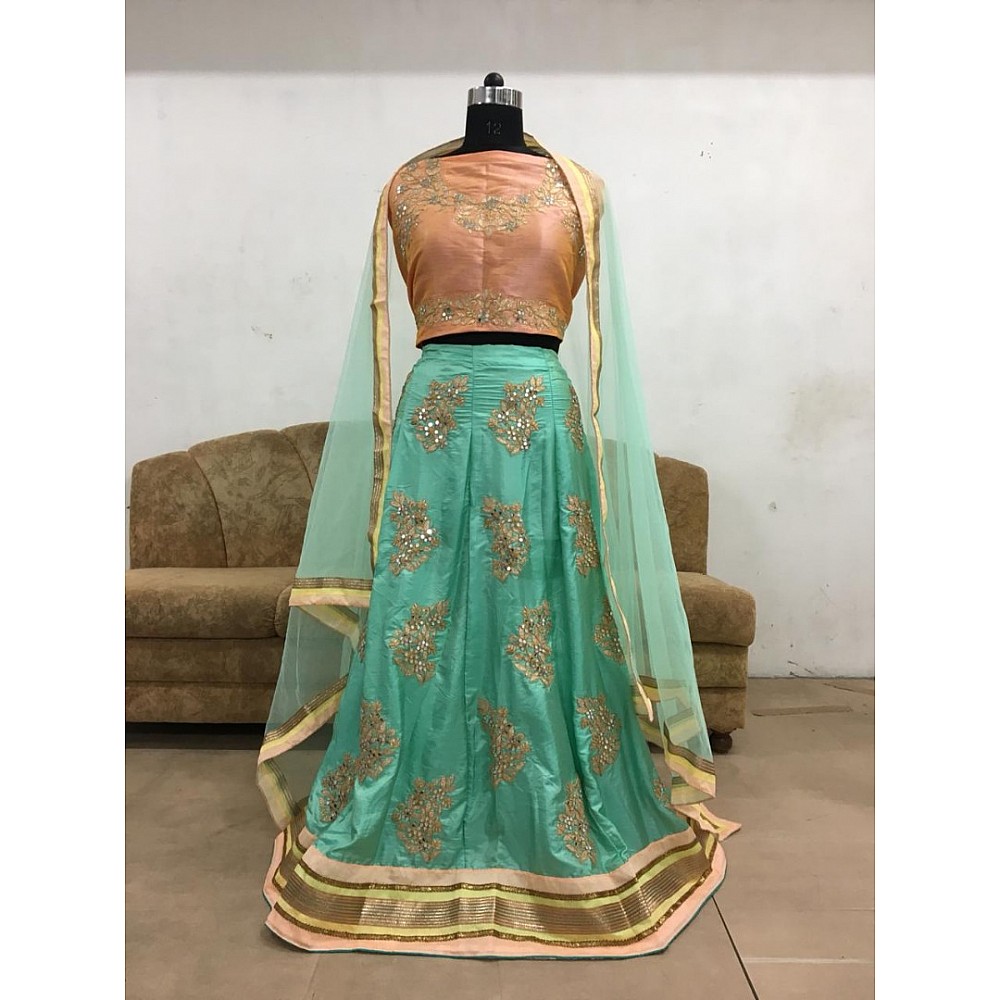 Zarin khan designer embroidered pista green paper silk bollywood style lehenga