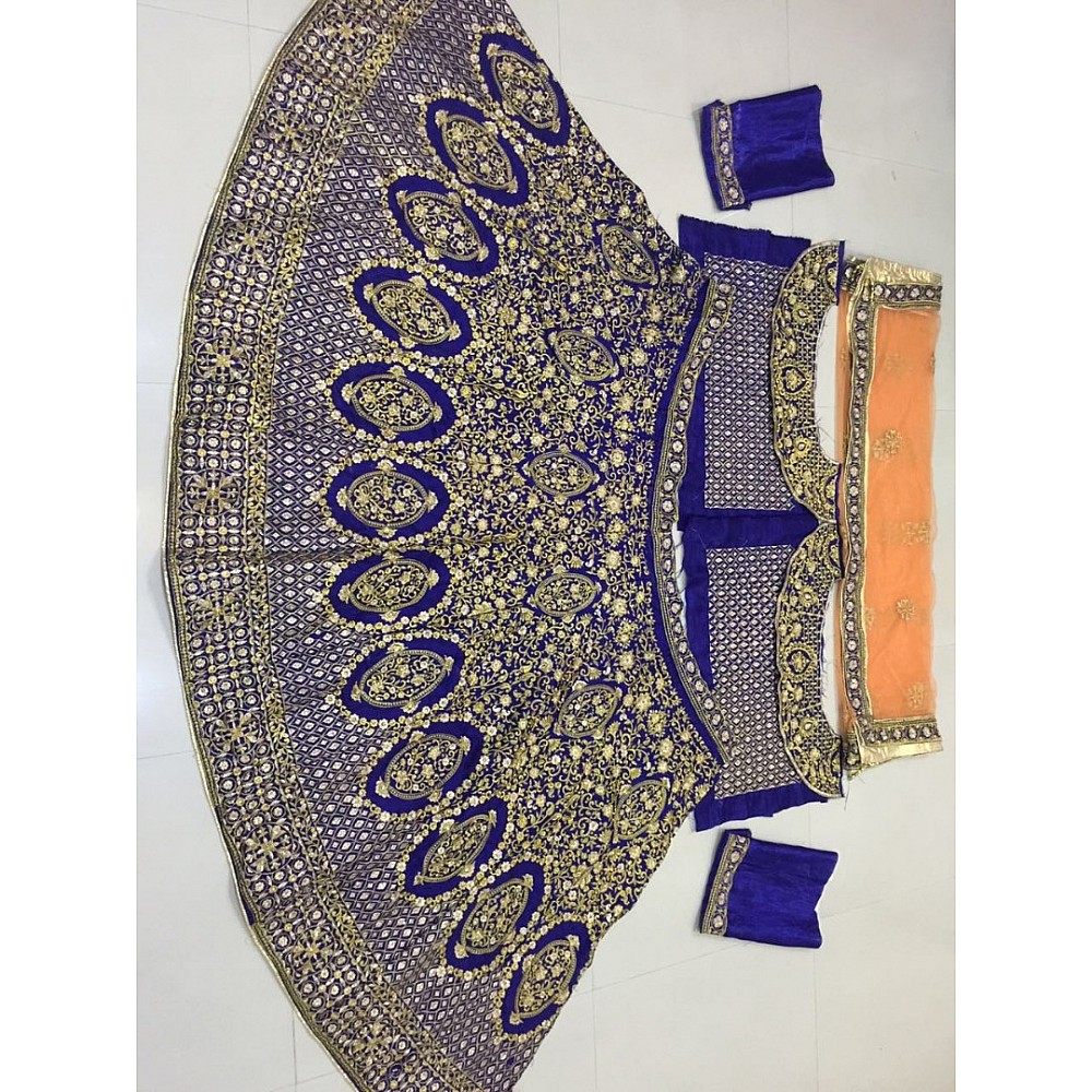blue heavy banglori satin silk heavy embroidered bridal lehenga