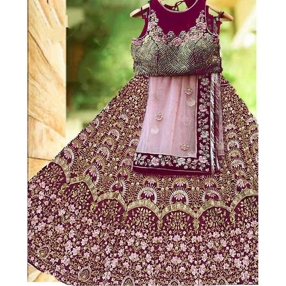 Maroon heavy bangalori satin silk designer heavy embroidered bridal lehenga