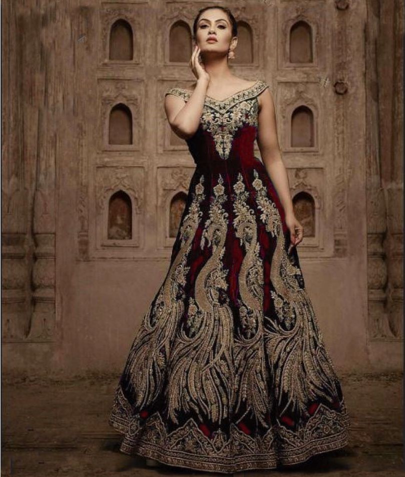 Maroon velvet Flared Anarkali Designer gown