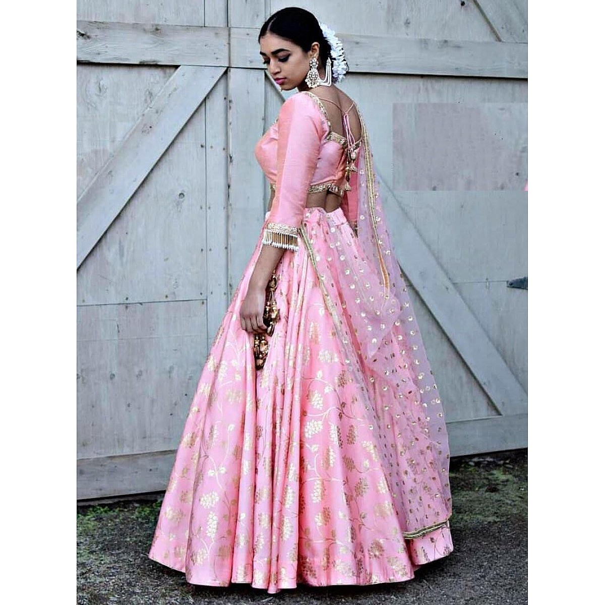 Baby pink moss georgette foil printed lehenga choli for ceremony ...