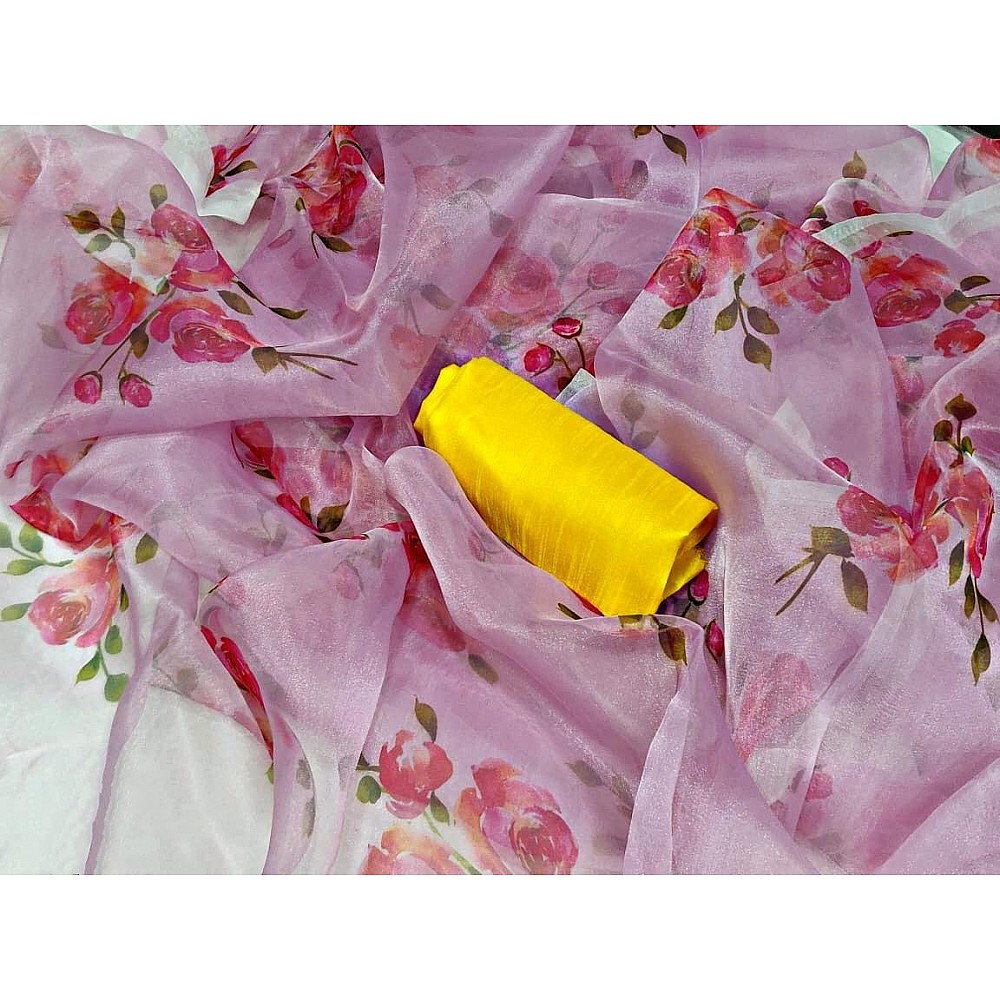 Baby pink organza floral printed saree