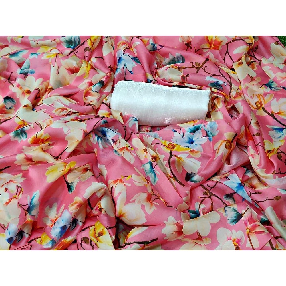 Baby pink soft chiffon flower printed saree