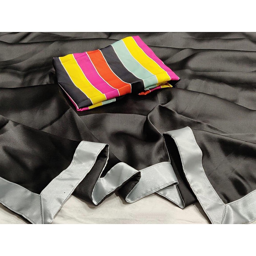 Black moss satin partywear saree with multicolored blouse