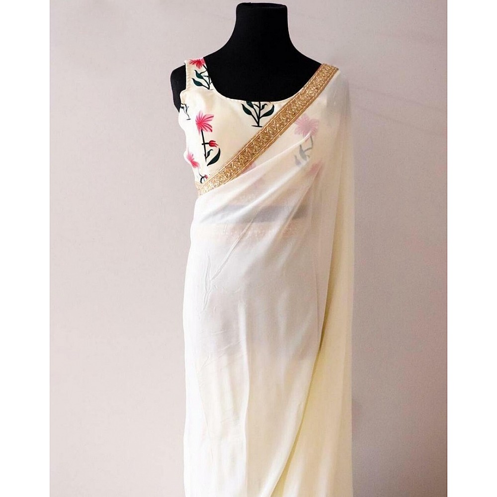 Off white goergette plain saree with printed blouse
