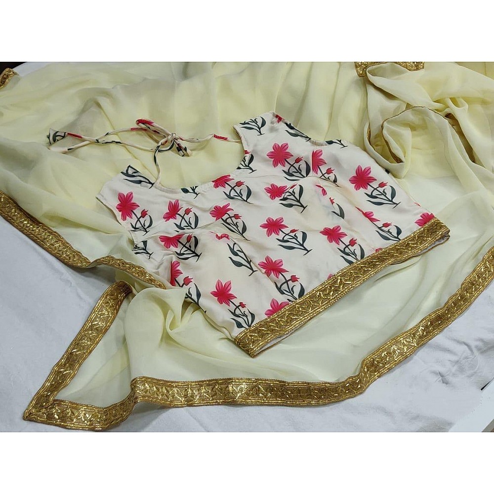 Off white goergette plain saree with printed blouse