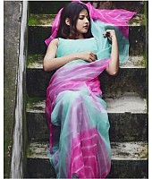 sky blue and pink multi colored heavy moss organza digital printed saree