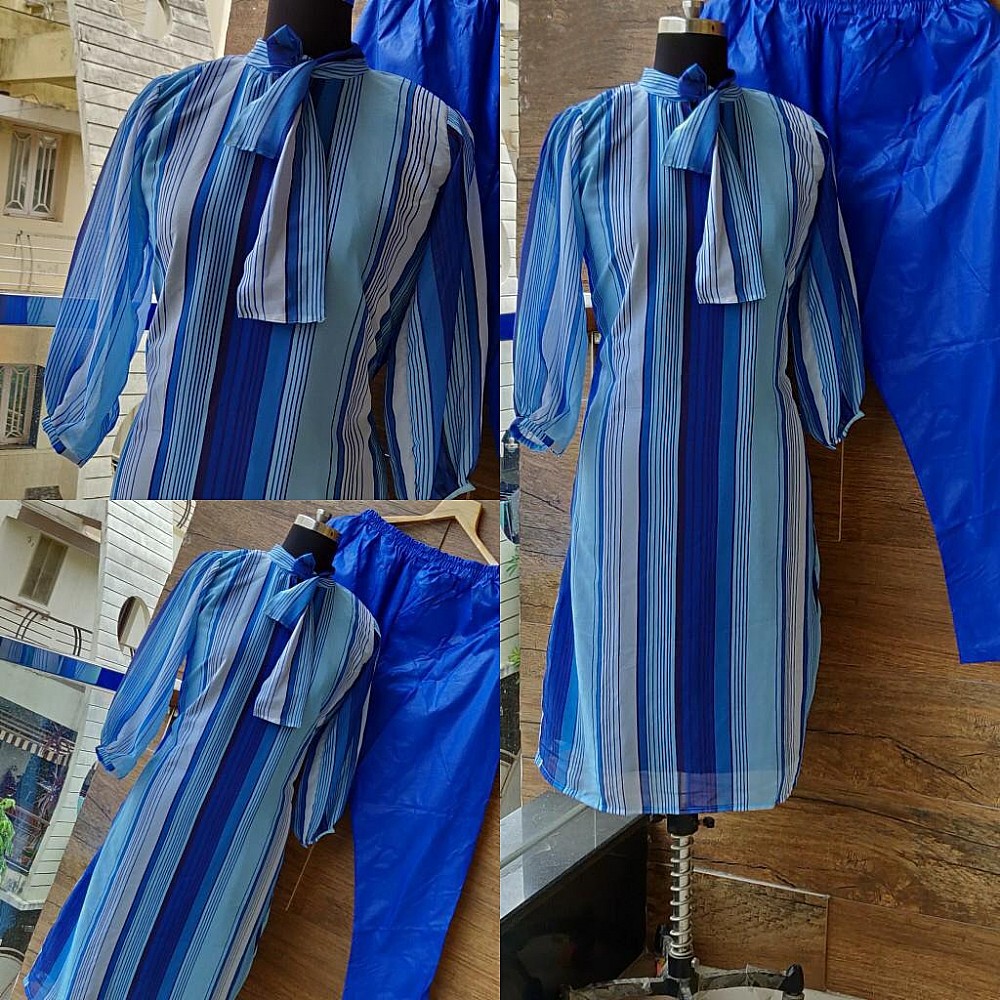 white and blue printed lining georgette kurti
