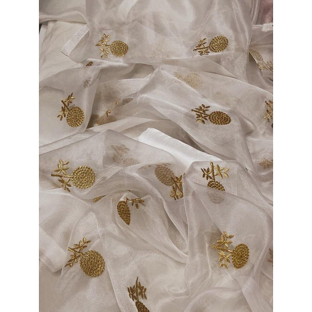 White moss organza embroidered stylist wedding saree