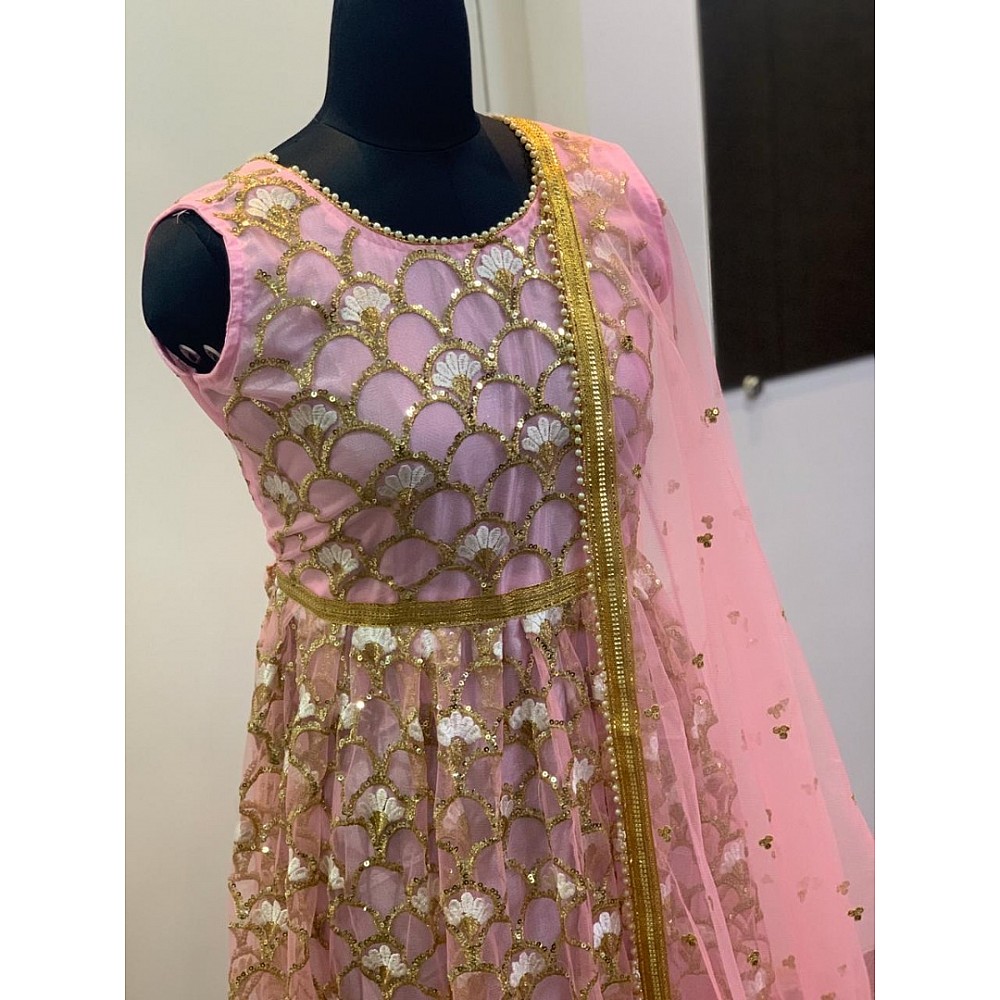 Baby pink net heavy sequence and thread worked anarkali suit