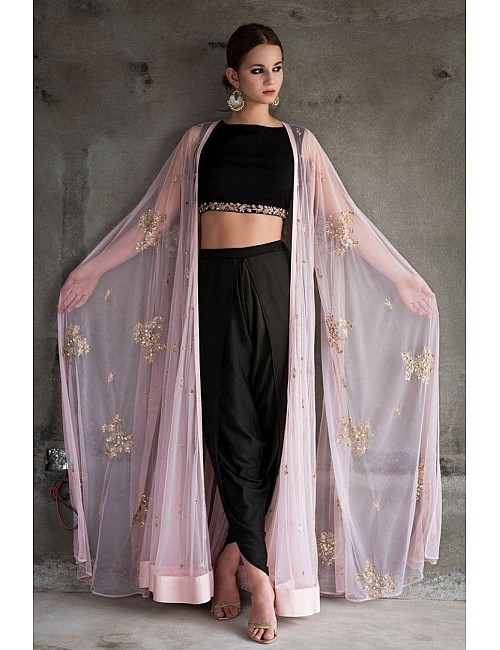 Black indowestern dhoti suit with baby pink embroidered shrug