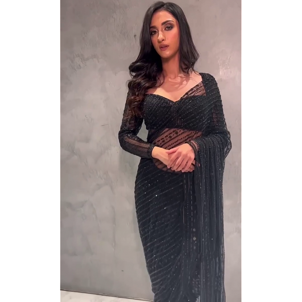 Black net heavy sequence and thread embroidered party wear saree