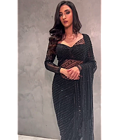 Black net heavy sequence and thread embroidered party wear saree