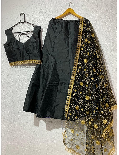 Black tapeta silk plain partywear lehenga with heavy dupatta