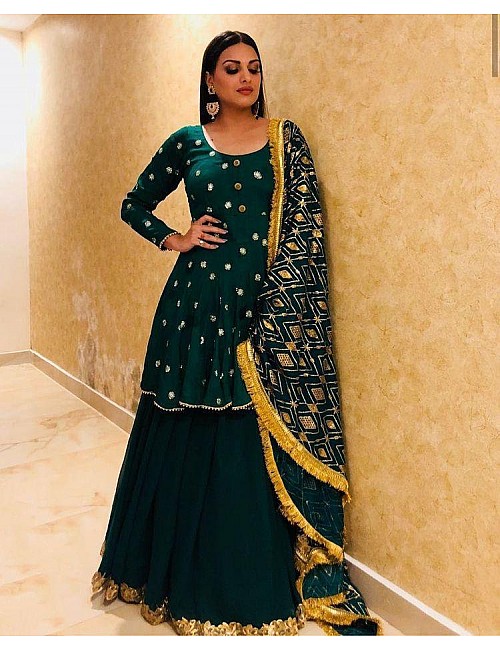 Dark green georgette embroidered designer lehenga with long top