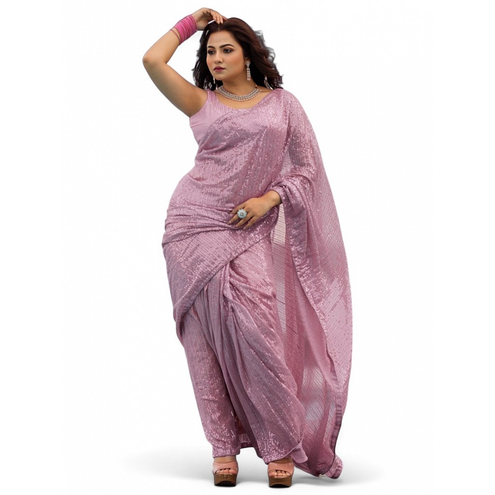 Dusty rose georgette heavy shiny sequins work party wear saree