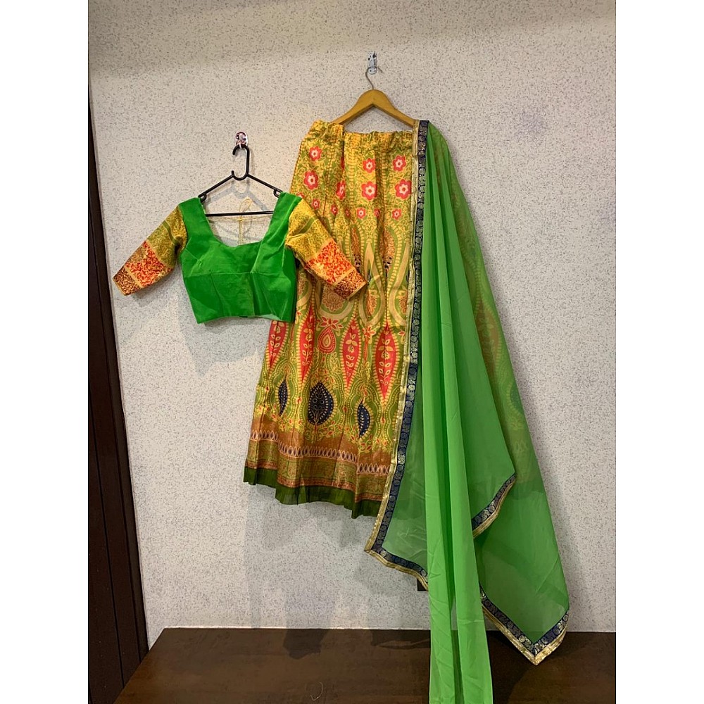 parrot green satin banglori digital printed alia bhatt lehenga choli