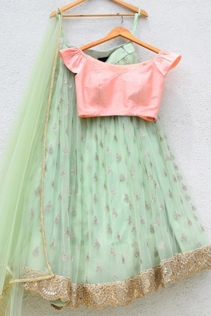 Pista green & Purple Combination Lehenga | Green color combination dresses,  Half saree designs, Combination dresses