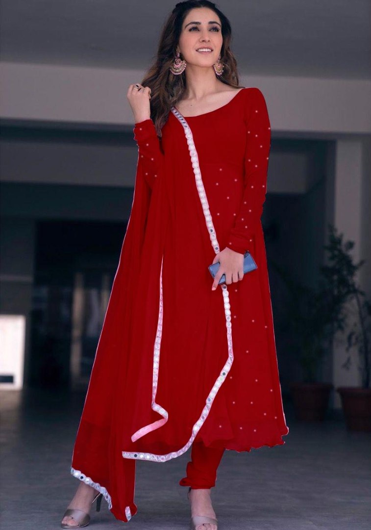 Red Lucknowi Embroidered Georgette Anarkali Suit