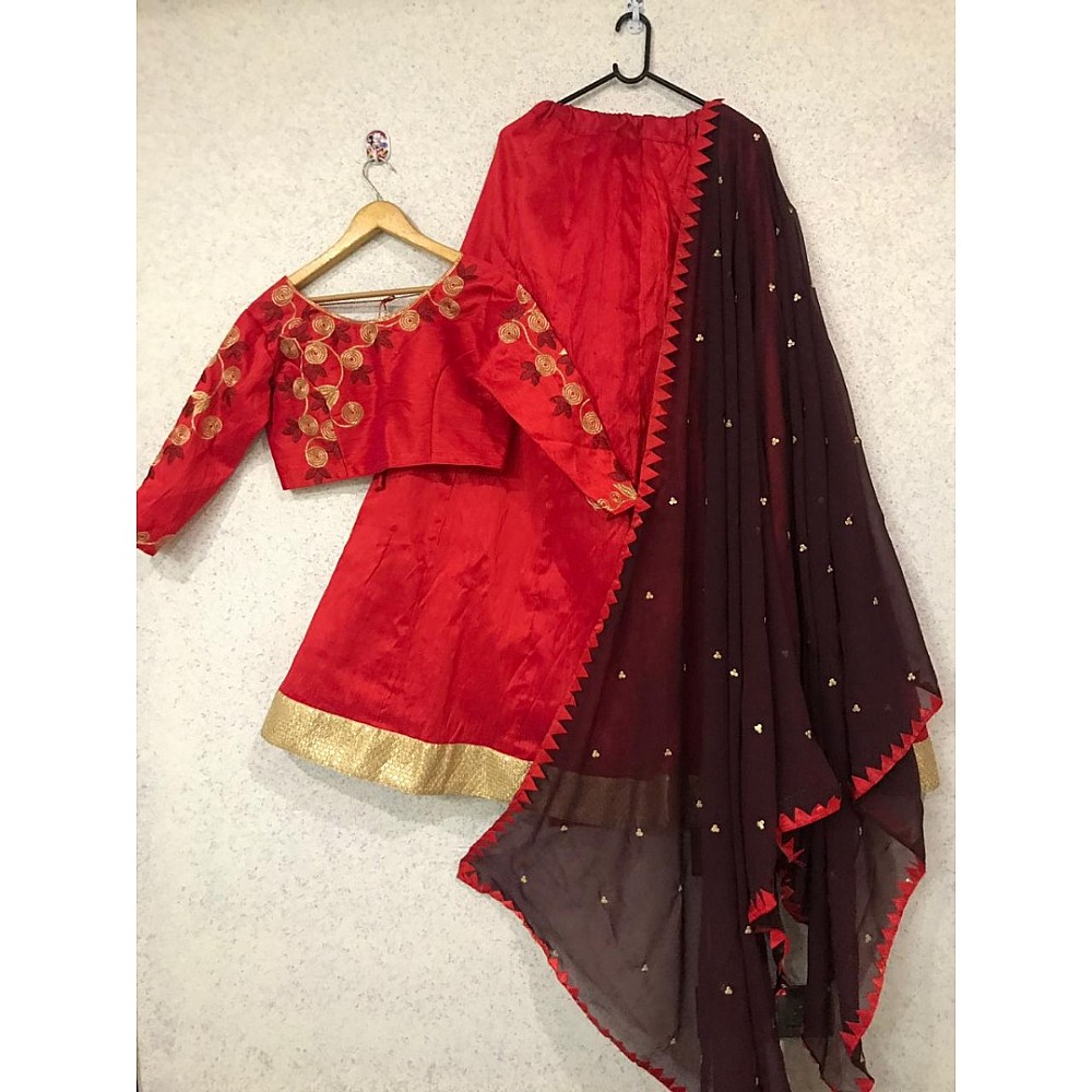 Red mulbari silk partywear lehenga with embroidered choli