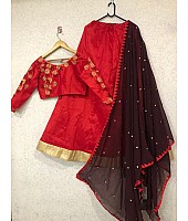 Red mulbari silk partywear lehenga with embroidered choli