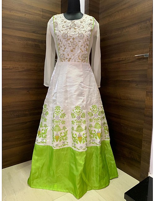 White and green banglori satin gown