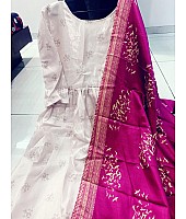 White banglory satin gown with printed dupatta