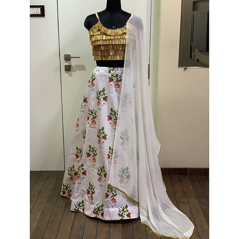 White tapeta silk flower printed lehenga choli with tassel work blouse