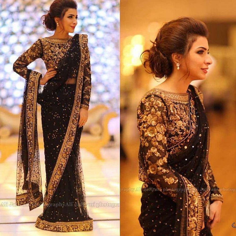 black net heavy embroidered wedding saree - Fashiondeal.in