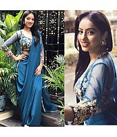 Saree : Blue paper silk indowestern saree with koti
