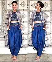 blue tapeta silk dhoti suit with printed shrug
